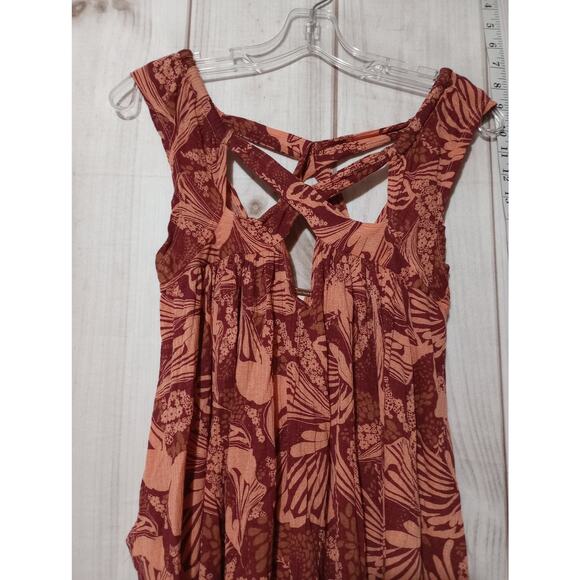Free People Tank Top Womens Small Red Orange Floral Boho Raw Distress Hem Rayon - Picture 2 of 7
